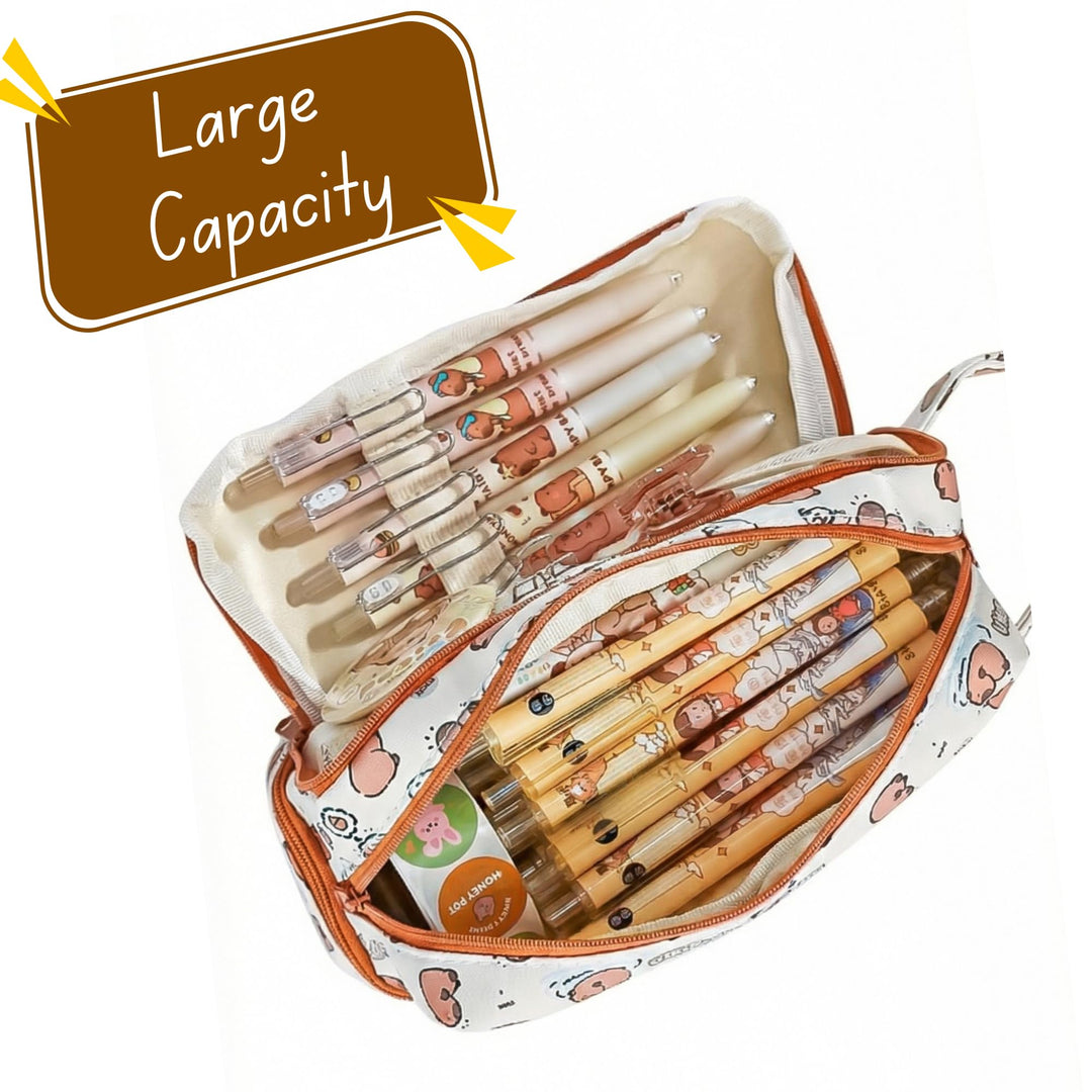 Kawaii Capybara Pencil Pouch – 3 Compartment Spacious Case - Finemoe