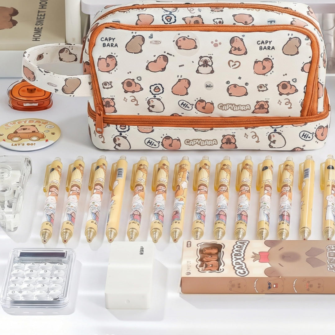Kawaii Capybara Pencil Pouch – 3 Compartment Spacious Case - Finemoe