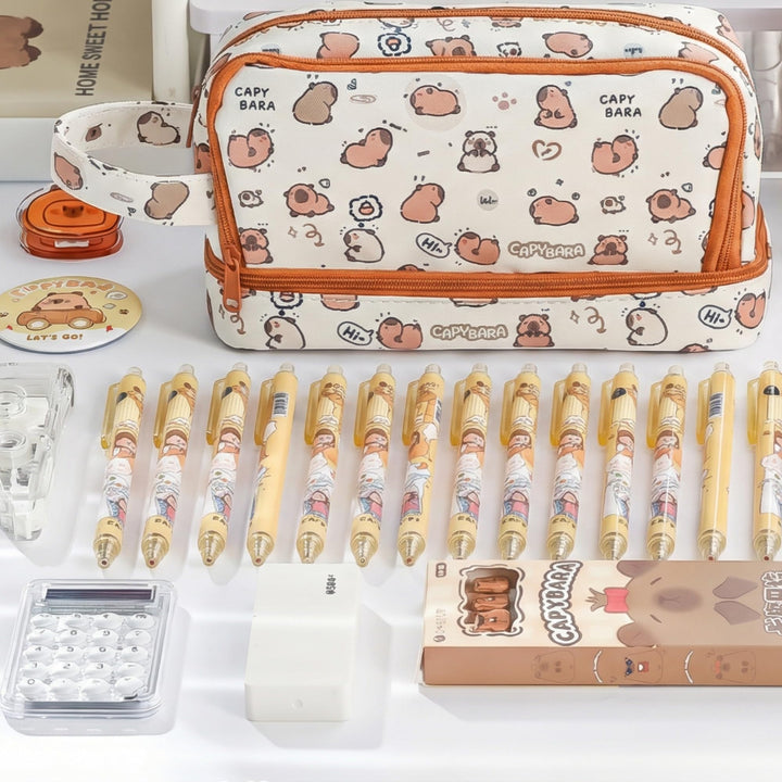 Kawaii Capybara Pencil Pouch – 3 Compartment Spacious Case - Finemoe
