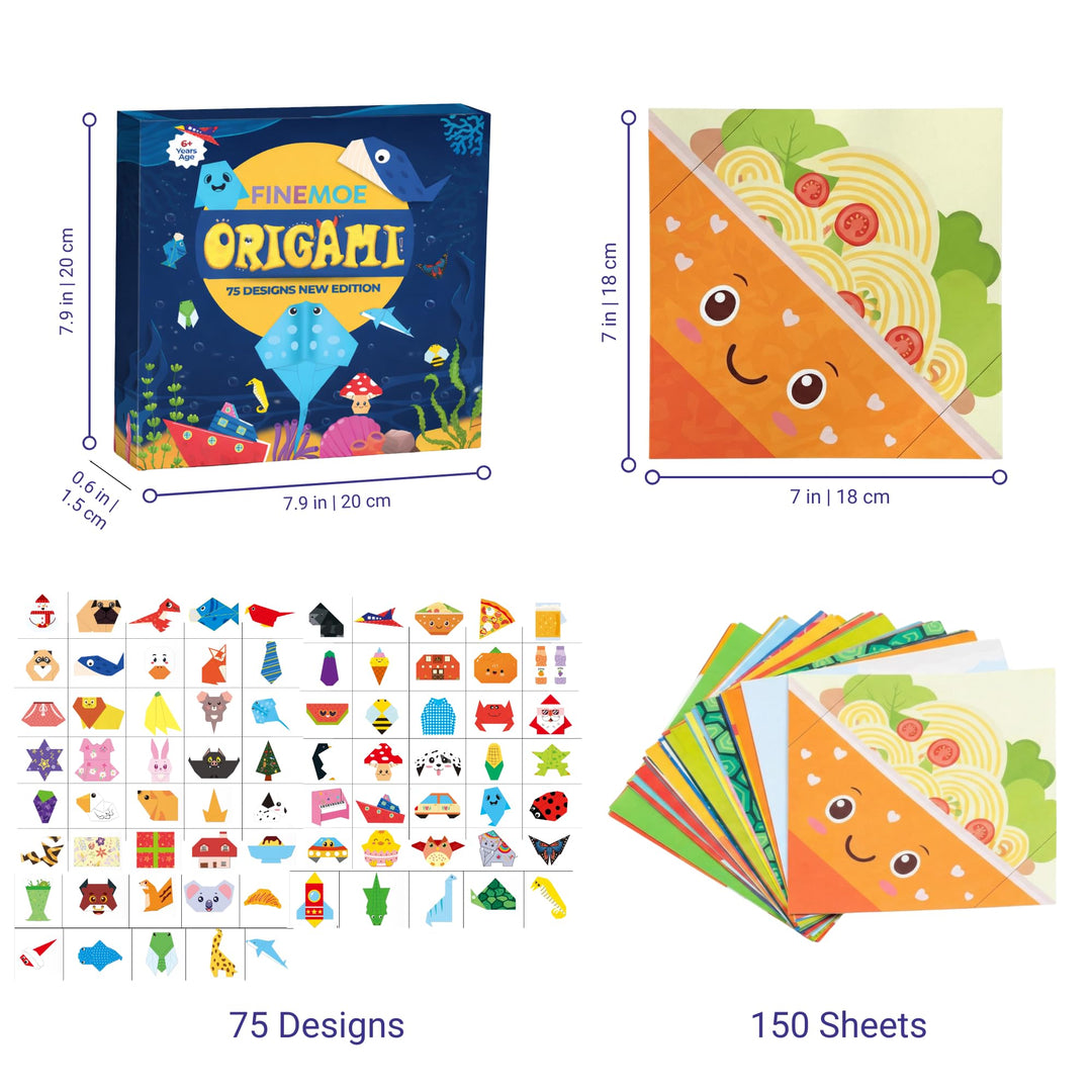 Kids Origami Craft Paper Kit 150 Sheets 75 Designs - Finemoe