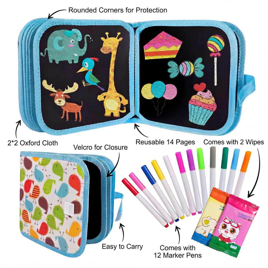 Reusable Doodle Book Set for Kids – Erasable Drawing Kit with 12 Sketch Pens - Finemoe
